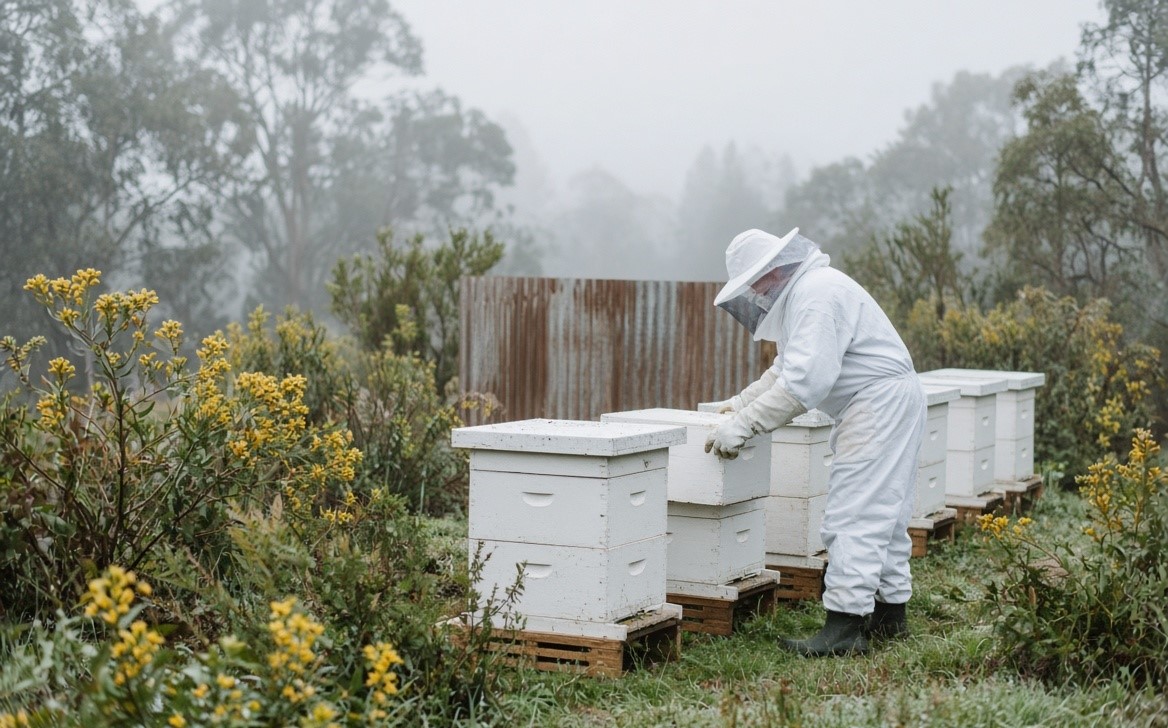 Beekeeper inspecting hives in foggy winter conditions, illustrating winter colony collapse risk in NSW