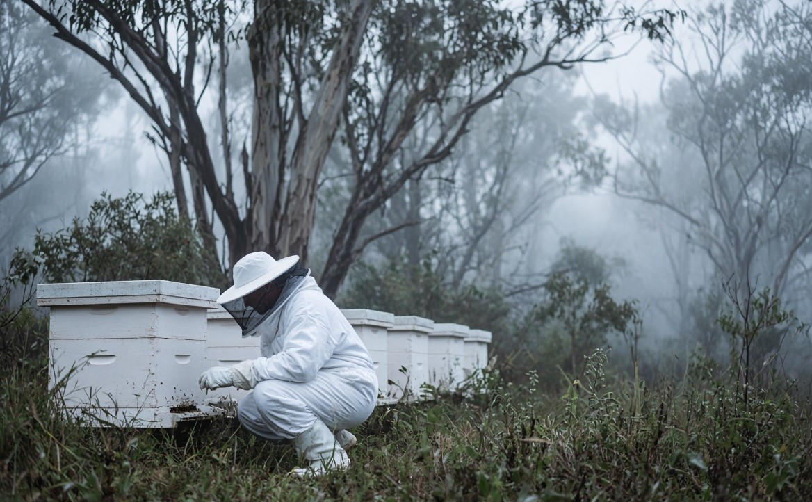 Winter beekeeping tips: beekeeper checking hives in foggy conditions near Sydney