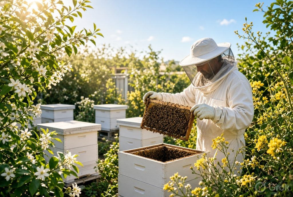 Beekeeper inspecting a hive frame in a spring apiary in Sydney